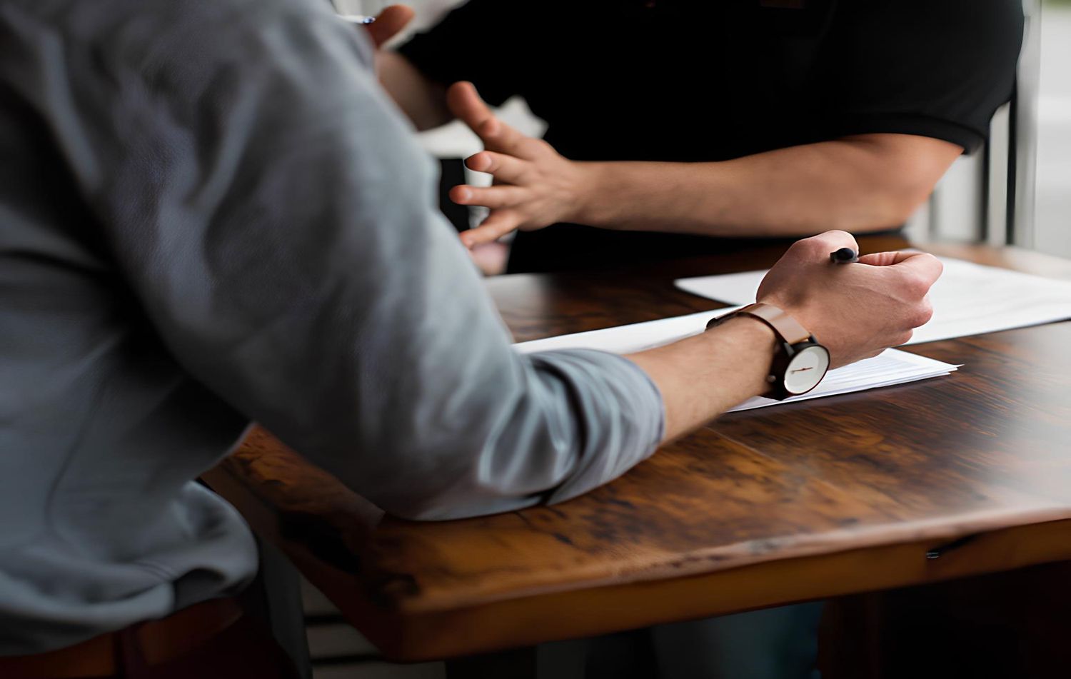 Eine Person spricht mit einem Anwalt über seine rechtlichen Probleme, welcher sich Notizen macht